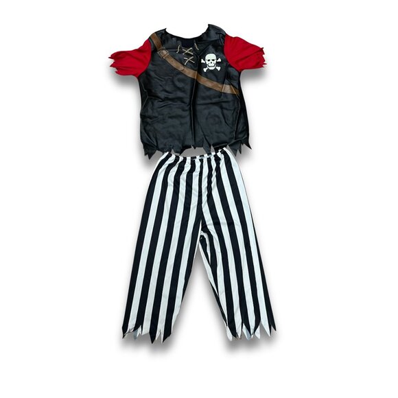 Kids Pirate Halloween Costume Set With Skull Top & Striped Pants - Size M - Picture 2 of 7